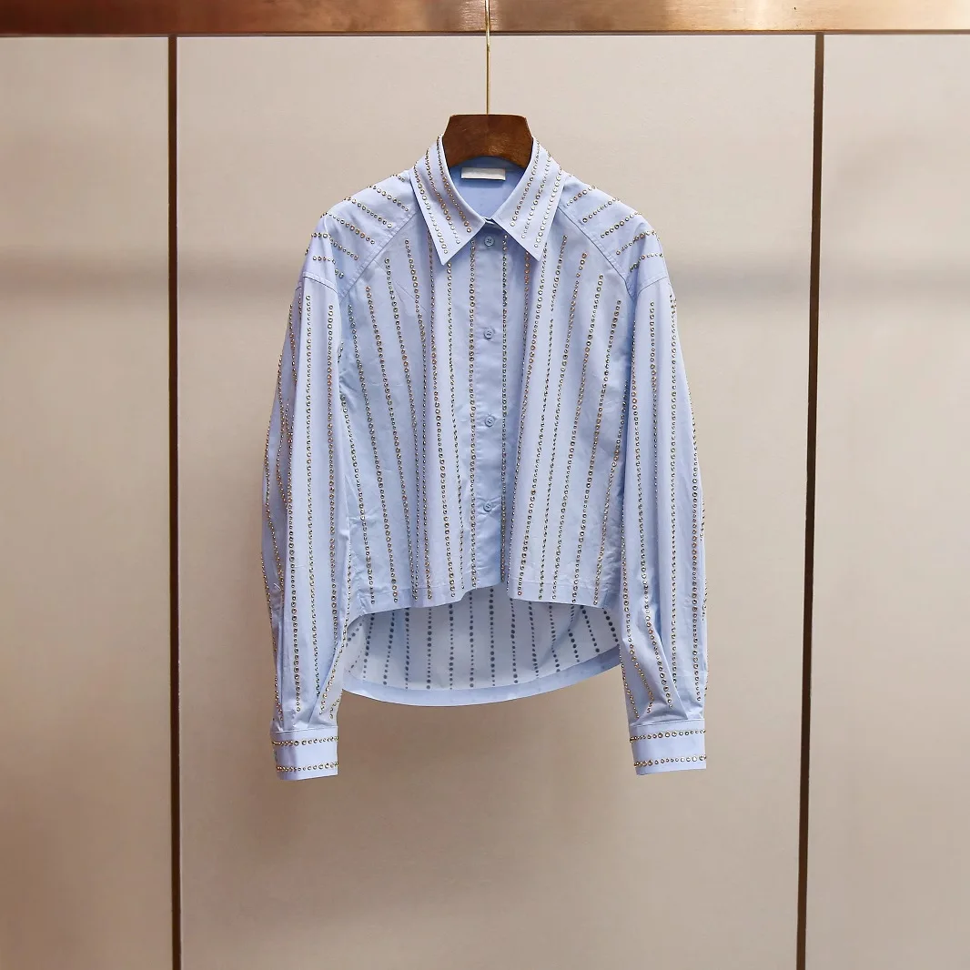 

MaSandeS Spring New Sle Casual Loose Stripe irt Sparkling Diamond Versatile irt Ladies Faion Comfortable Long Sve