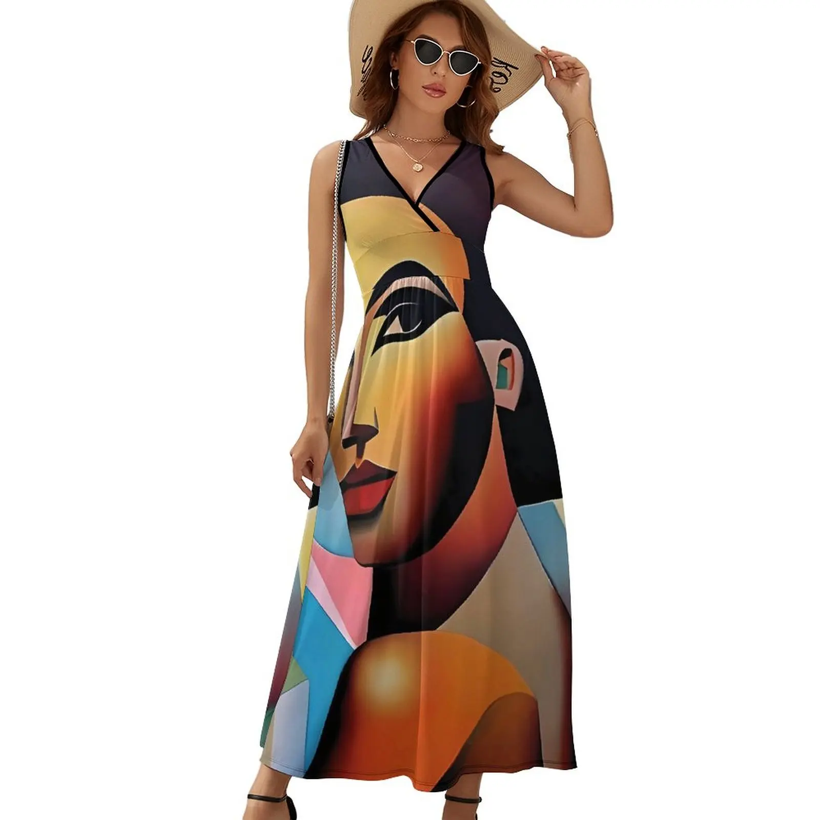 

Lady Face Art Board Print Dress Cubist Style Cute Maxi Dress Aesthetic Bohemia Long Dresses High Waist Design Oversized Vestidos