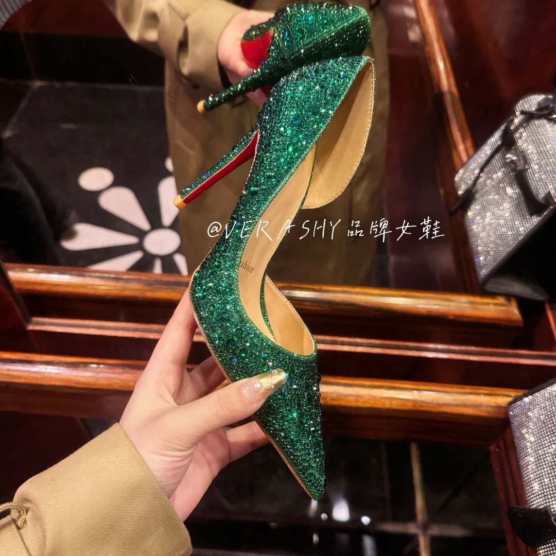 Red Sole Shoes High Heels Wedding Women Shoes Diamond Pumps  Heel 10cm Crystal Shoes Rhinestone Pointed Toe Glitter Party Heels