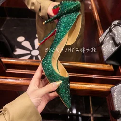 Red Sole Shoes High Heels Wedding Women Shoes Diamond Pumps Heel 10cm Crystal Shoes Rhinestone Pointed Toe Glitter Party Heels