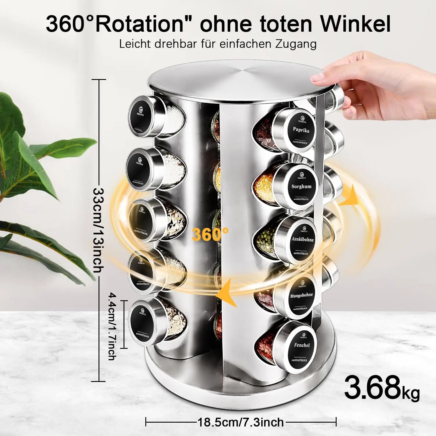 360 ° Rotierender 5-stöckiger Gewürzregal-Organizer mit 20 x 100 ml Gläsern und deutschen Etiketten | Platzsparende Küchenaufbewahrung für Gewürze – Detail 3
