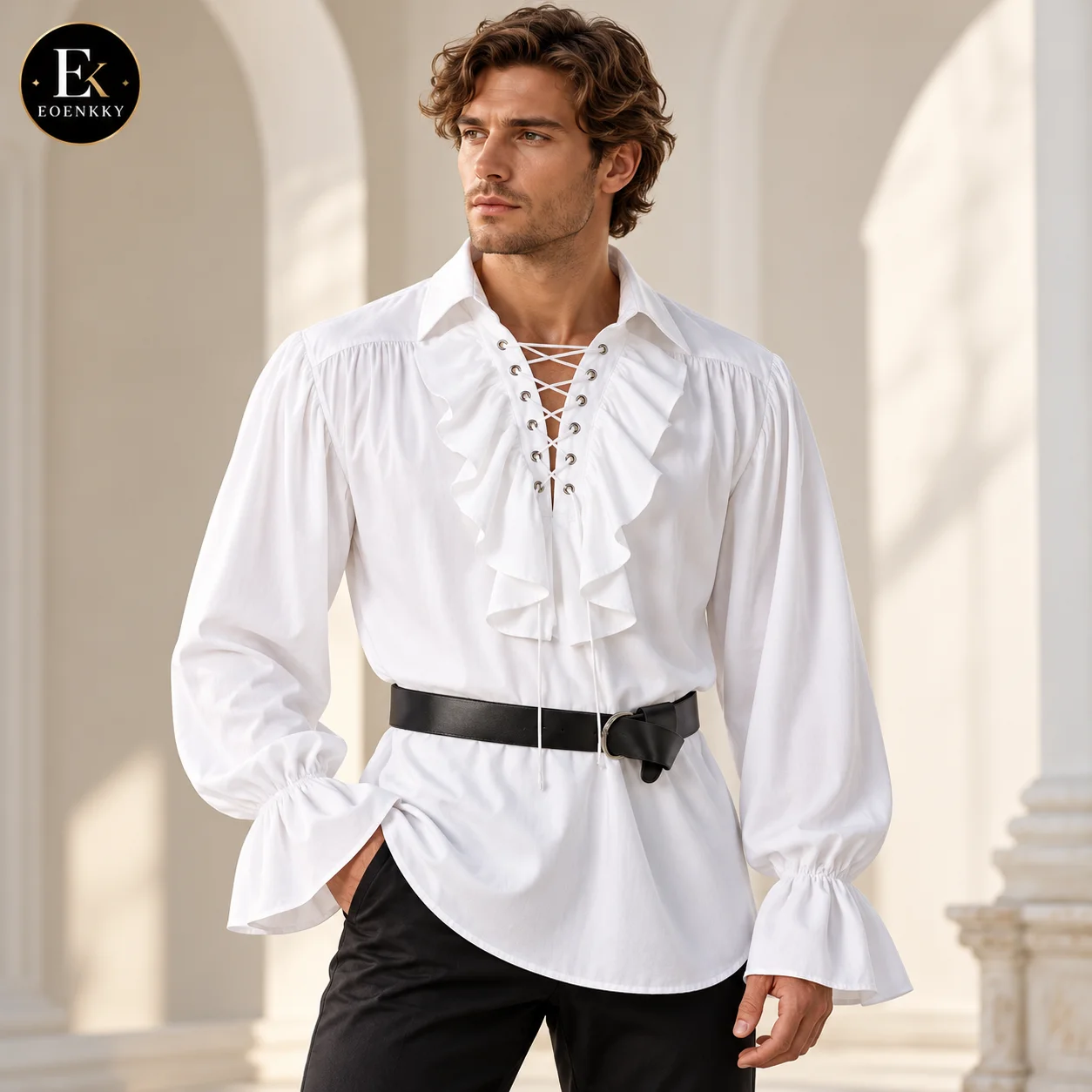 Medieval Gothic Lace Up Pirate Shirt - 男性用、ルネサンス風海賊シャツ、中世風、ヴィクトリア朝風、フリルブラウス、レースアップ、ゴシック、スチームパンク風コスチューム、長袖、コスプレトップス。