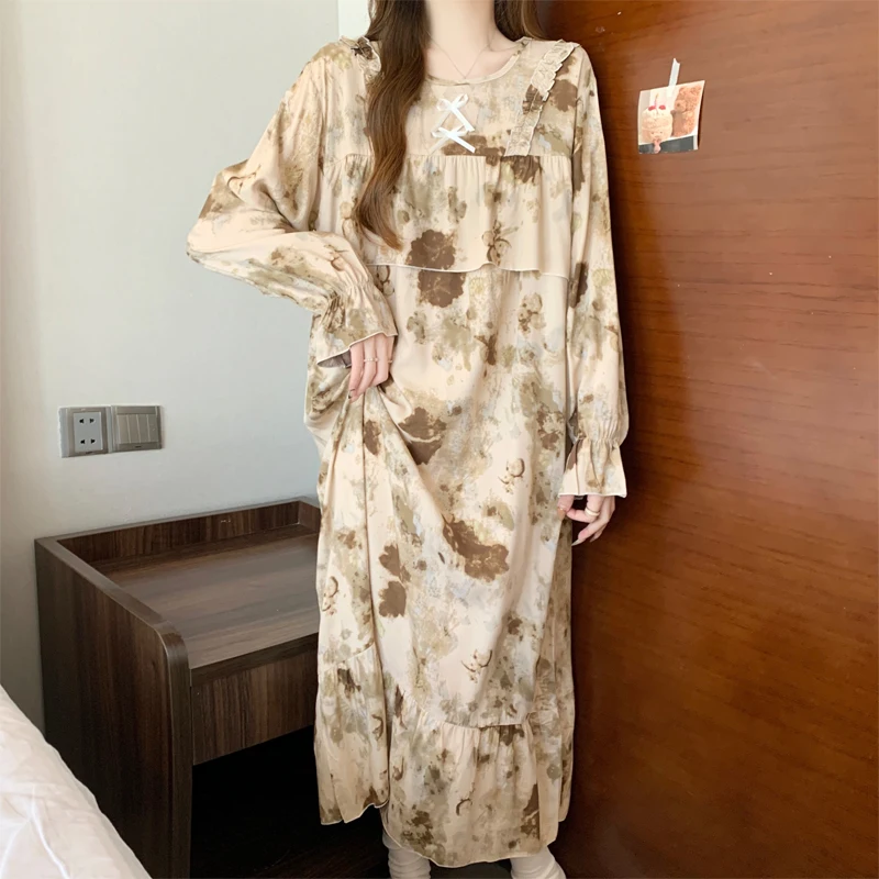 Summer Thin Cotton Silk Long Sleeve Dress Loose Home Clothes Sleepwear for Women Print Home Outwear Anti-Bulge Point