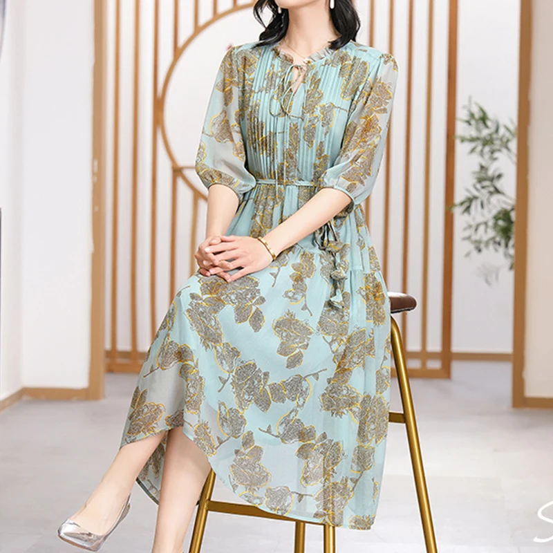 BirdTree 100%Real Silk Plus Size Dresses Women,Round Neck Puff Sleeves,Print Slim Elegant A-line Dress,2024 Spring New D42279QD