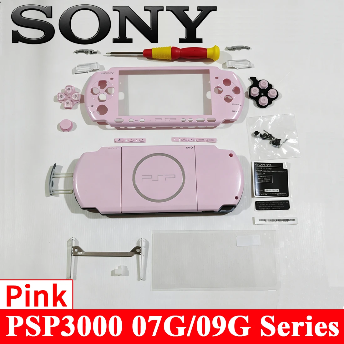 SONY PSP 3000 09G/07, deckendes, rosa Gehäuse, komplettes Ersatzset, Spielkonsole, DIY-Reparaturteile-Set.
