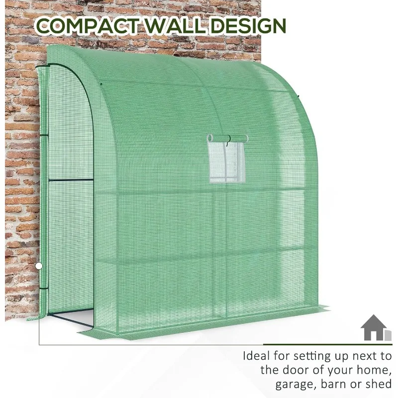 7' x 3' x 7' Lean to Greenhouse, Walk-in Green House, Plant Nursery with 2 Roll-up Doors and Windows,