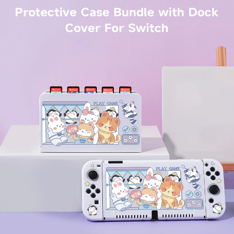 2 Pcs Animal Arcade Game  Theme Pattern Protective Case with Base Cover Set for Switch OLED/Switch NS, Can Store 5 Game Cards