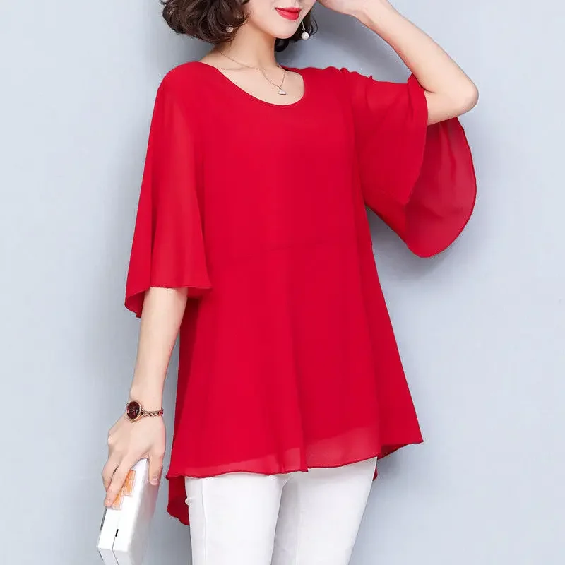 Summer New Chiffon Loose Shirt Tops Round Neck Short Sleeve Solid Color Loose Irregular Blouse Casual Fashion Women Clothing