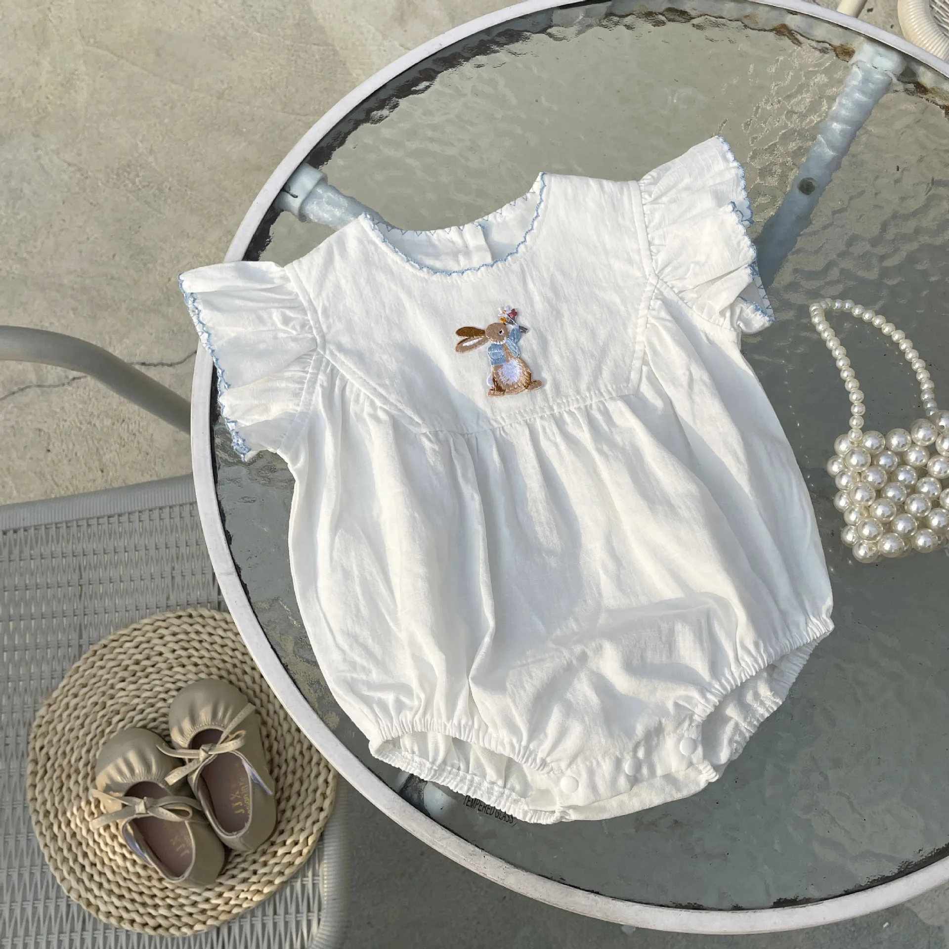 Summer Baby Girls Romper White Short Sleeve Rabbit Cotton Baby Jumpsuit Baby Bodysuit 0-24 Months