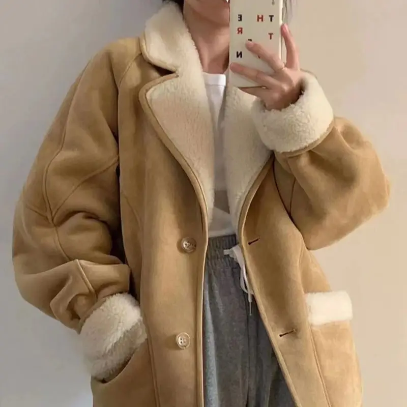 Lady Winter Woman\'s Fashion Thick Warm Faux Shearling Jacket Coat Vintage Long Sleeve Female Real Wool Outerwear