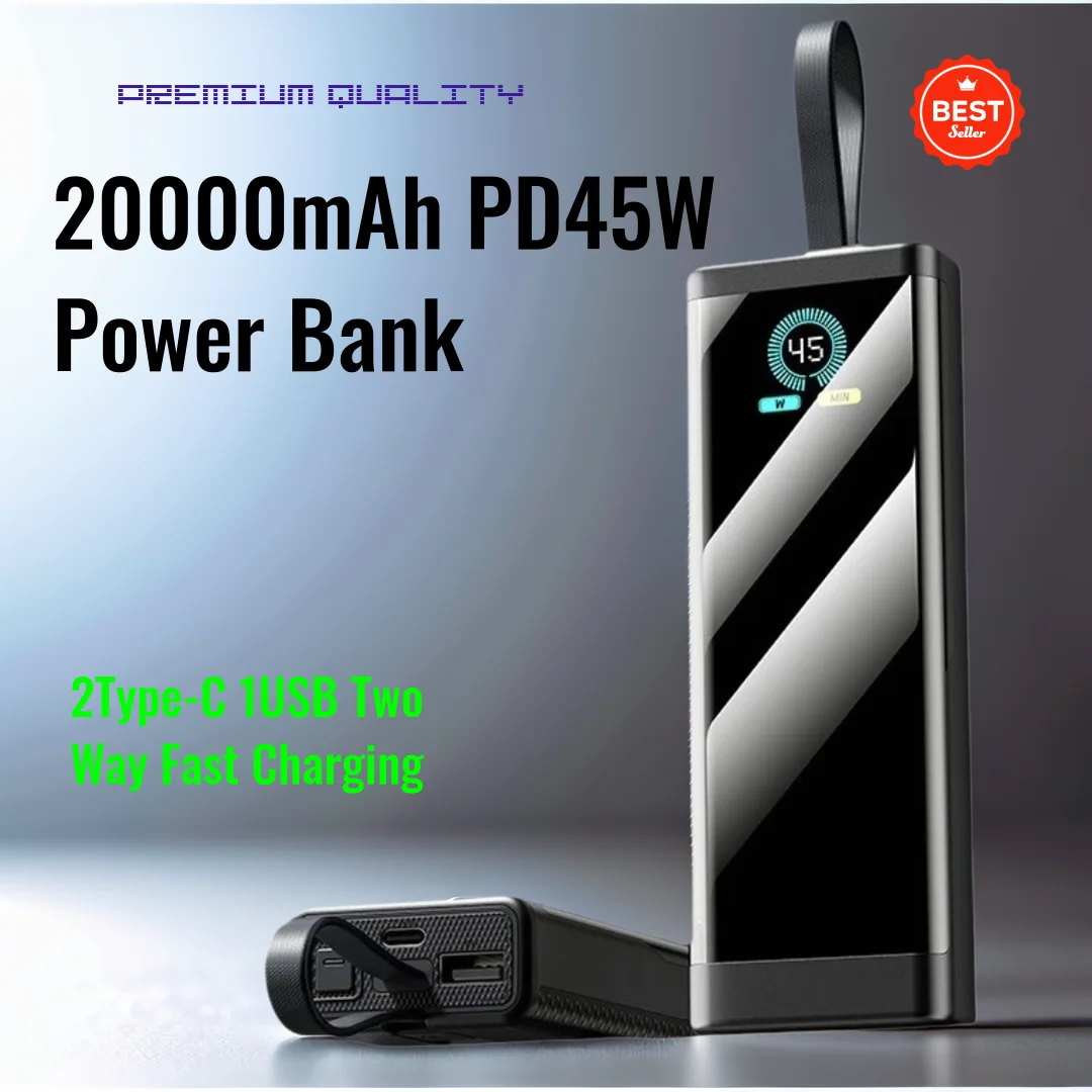 20000 мАч PD45W Power Bank Цветной ЖК-экран Встроенная линия Маленький и портативный для ноутбука Телефон 2Type-C 1USB Двусторонняя быстрая зарядка