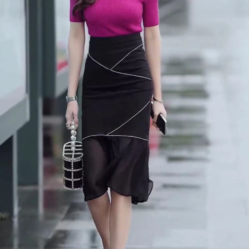 

Изысканное исполнение, блестящая комбинированная шифоновая юбка-русалка, профессиональный офисный сексуальный стиль, новая летняя коллекция