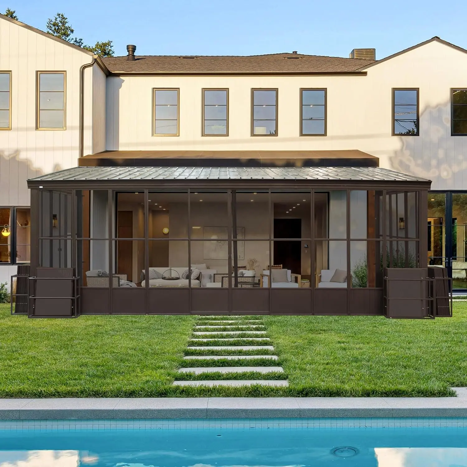 12x20FT الحائط غرفة الشمس أكشاك الموجبة مع سقف الصلب المجلفن في الهواء الطلق غرفة الشمس الدائمة المزعج إلى أكشاك لفناء سطح السفينة