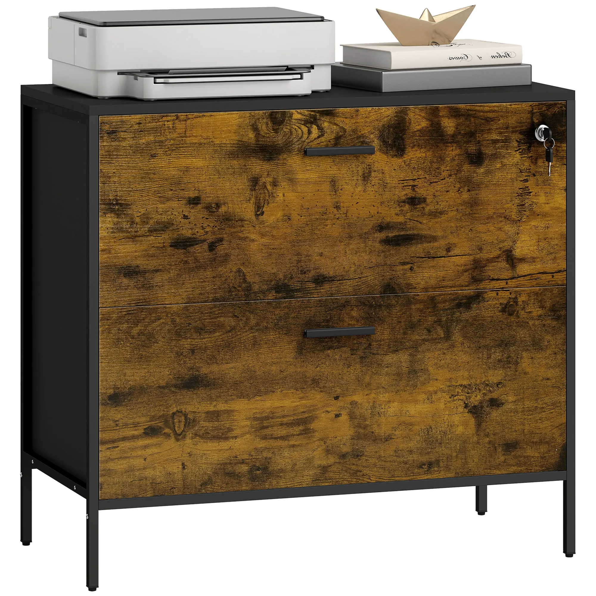 Homcom Armadietto classificatore industriale per cassetti da ufficio con serratura a 2 cassetti e cartelle sospese per dimensioni A4 80X39X73,5 cm Marrone e nero