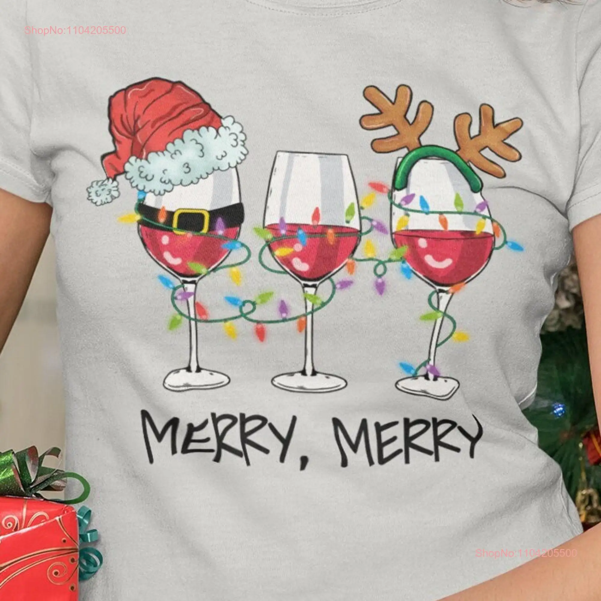 Merry T Shirt Wine Glasses Glass Santa Reindeer Funny Xmas Lights Tangled Lovers long or short sleeves