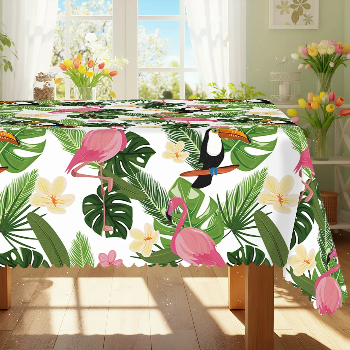 1pc Tropical Jungle Style Themed Tablecloth, Palm Leaf Monstera Leaf Pink Flamingo Toucan Floral Pattern Tablecloth, Embossed Edge Craft, Suitable for Daily Home Kitchen Dining Room Picnic Courtyard Indoor and Outdoor Use, Durable Polyester
