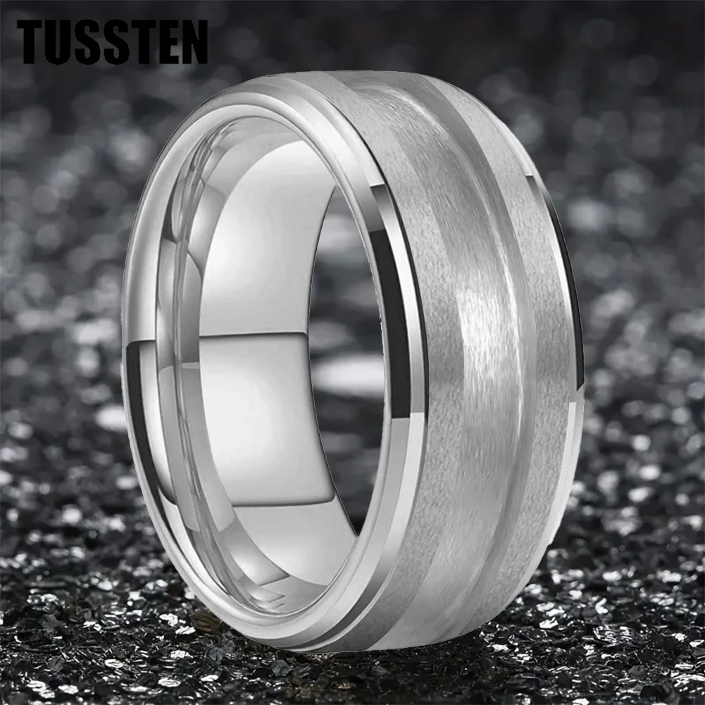 TUSSTEN 10MM Wholesale Tungsten Blank Stepped Beveled Edges Brushed Finish Core Ring 3/4mm Groove Pipe Cut Polished Comfort Fit