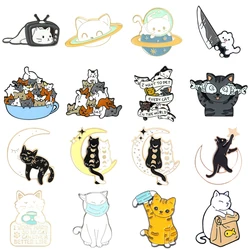 Creative Cartoon Animal Planet Moon Cat Enamel Pins Kitten Back Catch Fish Mask Cute Alloy Brooch Badge Fashion Woman Jewelry