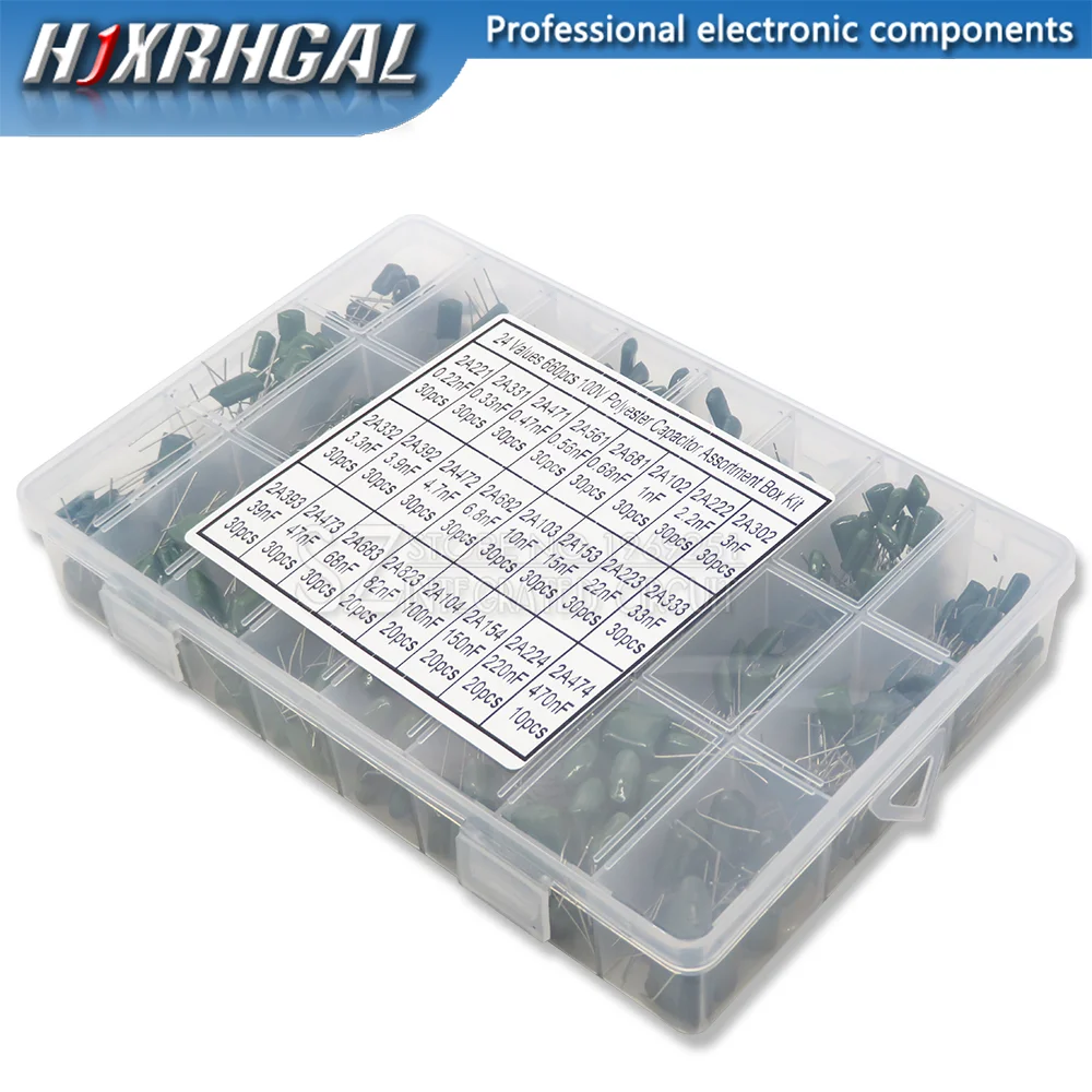 Imagem -02 - Valor Capacitor Kit 100v 2a221j para 2a474j Poliéster Filme Capacitor Sortido Kit 0.47nf 0.68nf 1nf 2.2nf Capacitores 660 Peças Lote 24