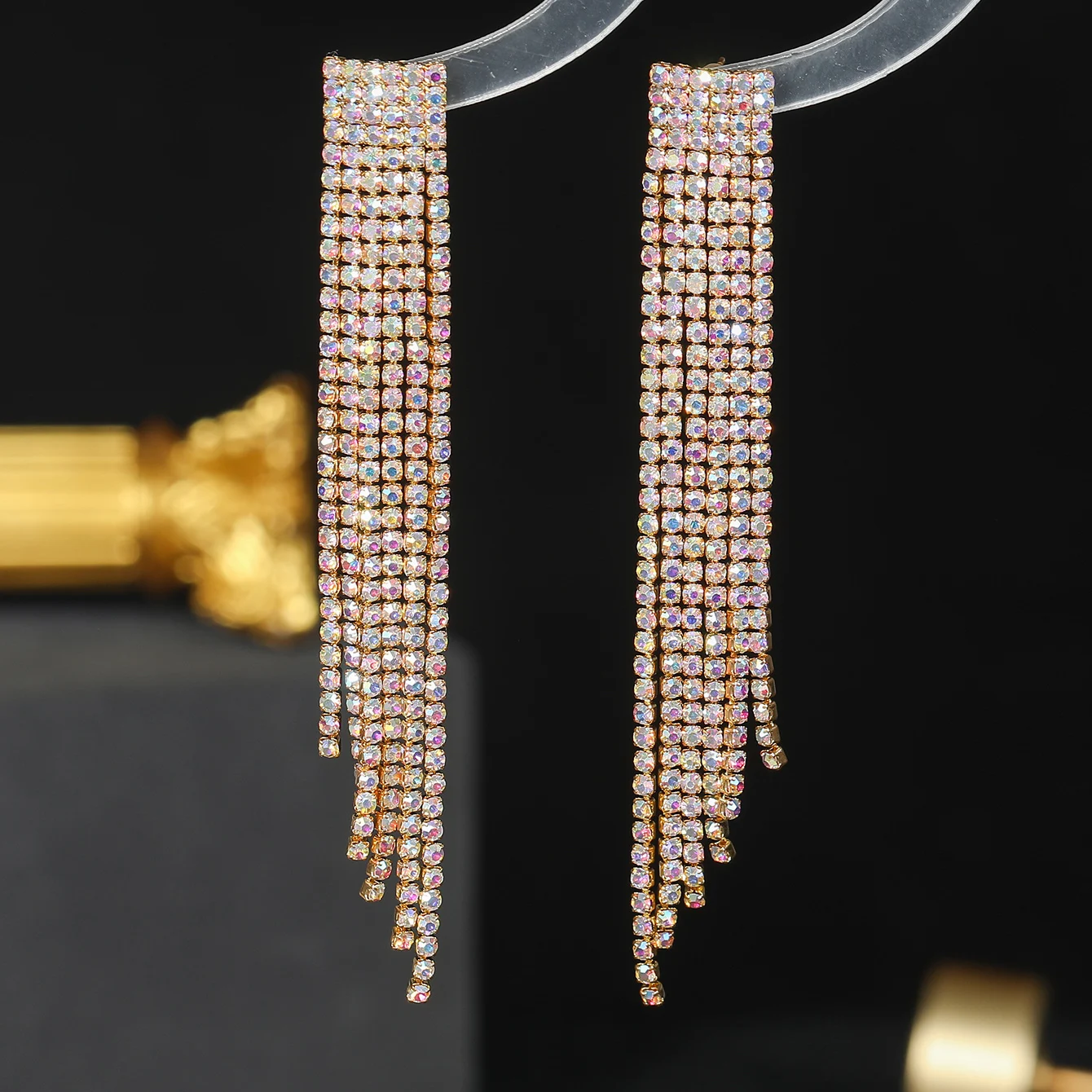 New Sparkly Rhinestone Crystal Tassel Long Dangle Dance Competion Earrings for Party Prom Fashion Jewelry Gifts