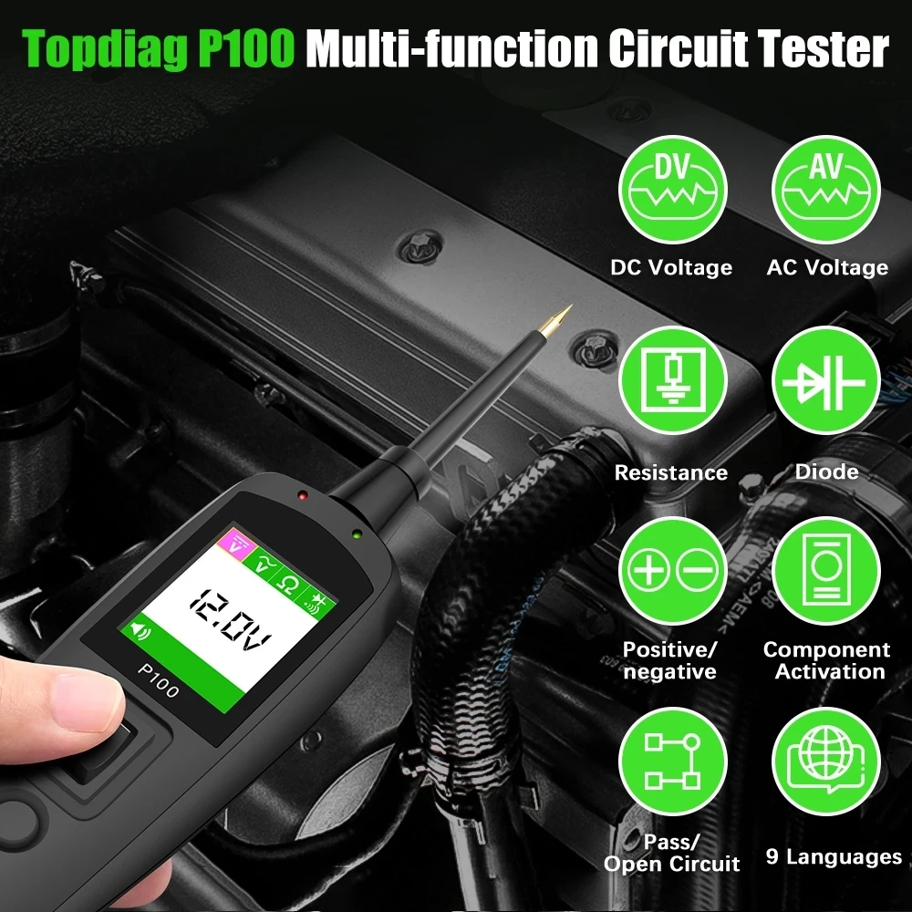 TopDiag P100 JDiag Power P100 Electric Circuit Tester 12V 24V Automotive For Cars and Trucks OBD Battery Tester Car Diagnostics