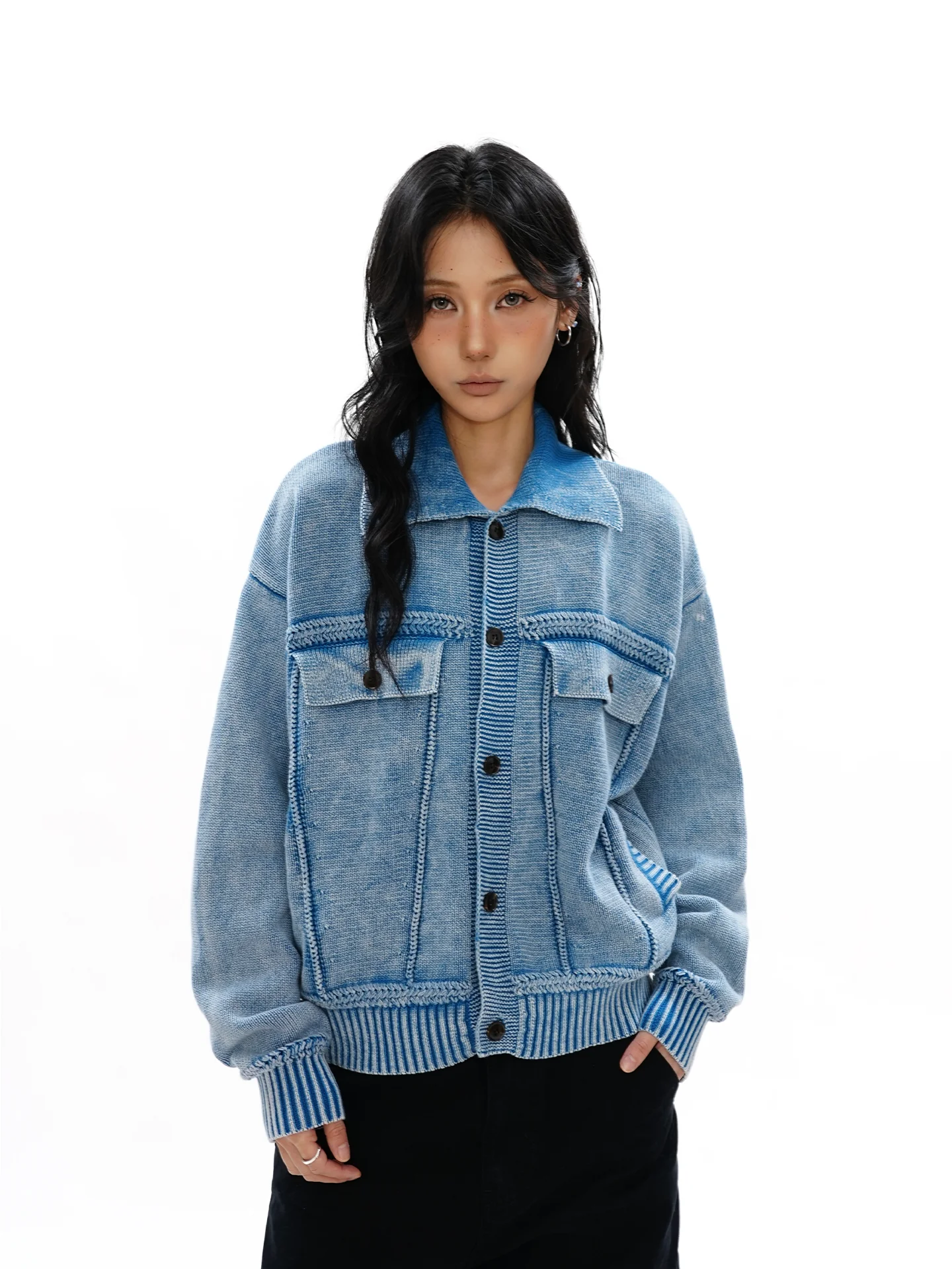 

Waed Blue Knitted Sweater Button Cardigan Women's Men's Autumn Winter Ele Faion S3T5 Simple Proc Cotton 00%