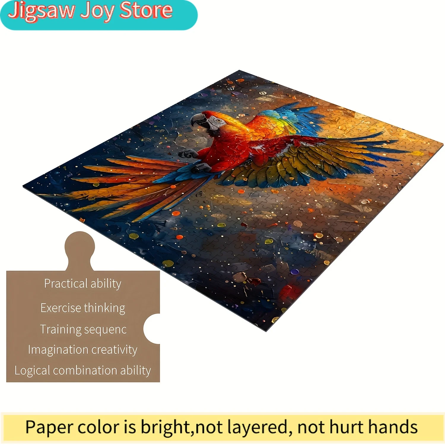 

Деревянный пазл для всей семьи - дизайн с красочным попугаем и струящимися перьями, средний уровень сложности, портативный и устойчивый к царапинам.