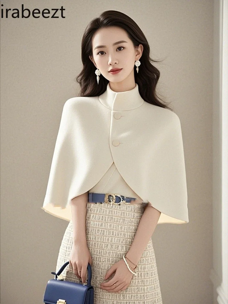 2024 Autumn French Woolen High-end Chic High-grade Sense of Beauty Goddess Fan White Cape Wool Poncho Women Winter