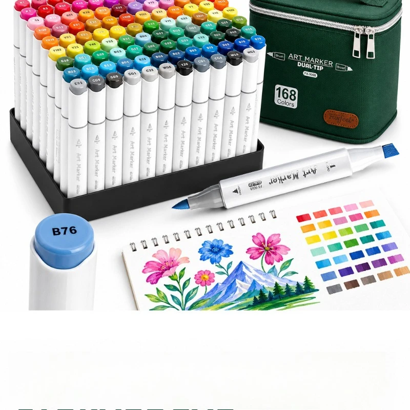168 Colors Dual Soft & Hard Tip Alcohol Marker Set Portable Carry Bag Oil Based Sketch Pens for Exam Art Drawing Manga Coloring