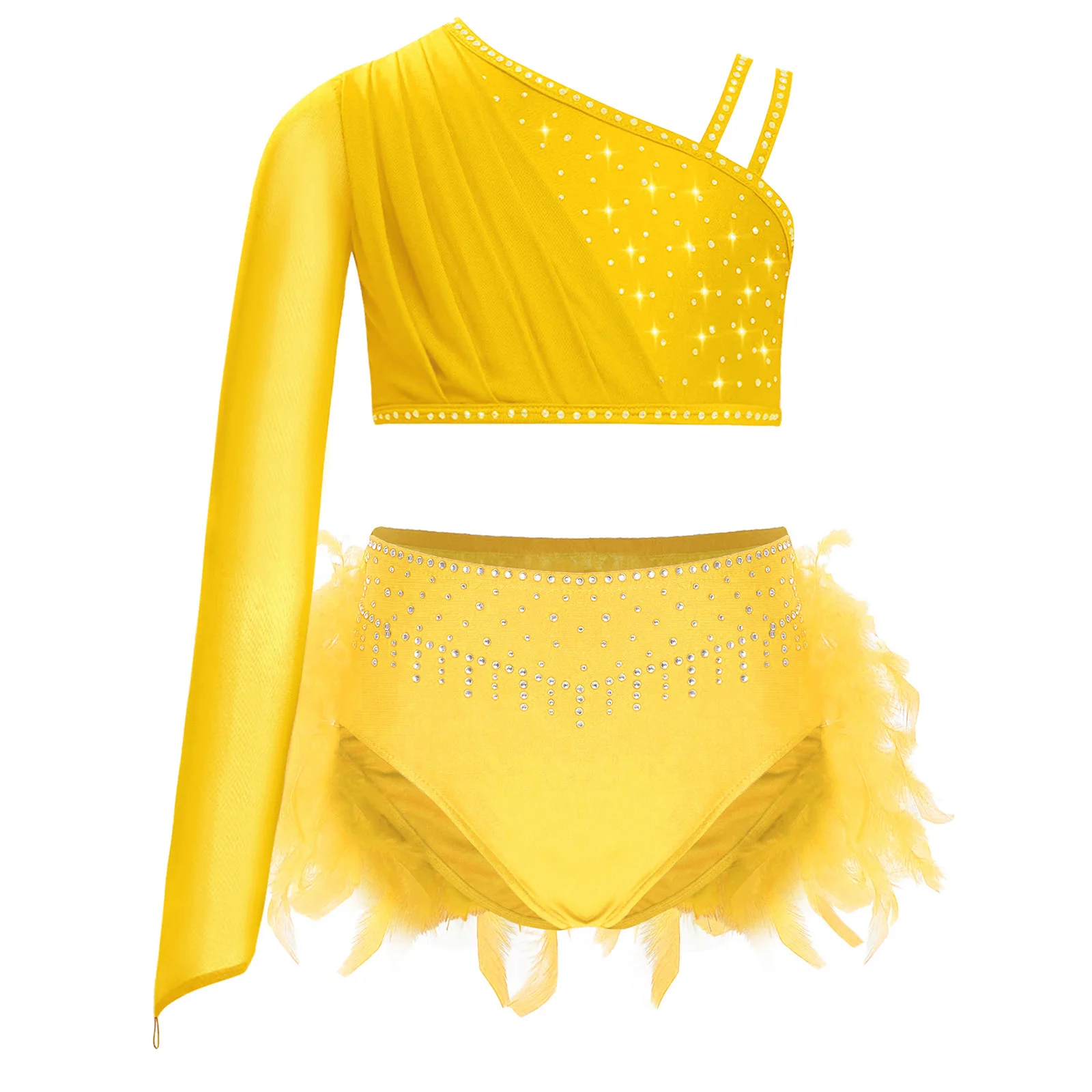 

Kid Girl Ballet Dance Set Lyrical Contemporary Dancewear Rhinestones Irregular Shoulder Crop Top with Briefs Child Party Costume