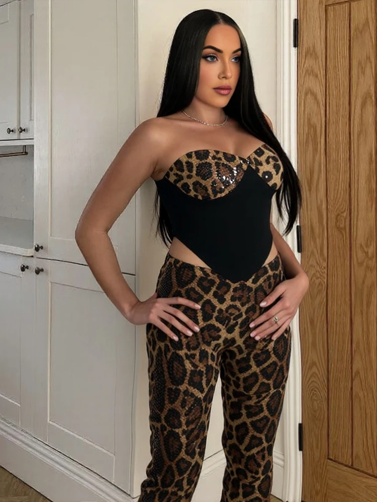 Kliou Leopard Print 2-Teiliges Set Frauen Pailletten Patchwork Backless Rohr Tops + Elastische Taille Shorts Hot Girl Straße sexy Mode Anzug