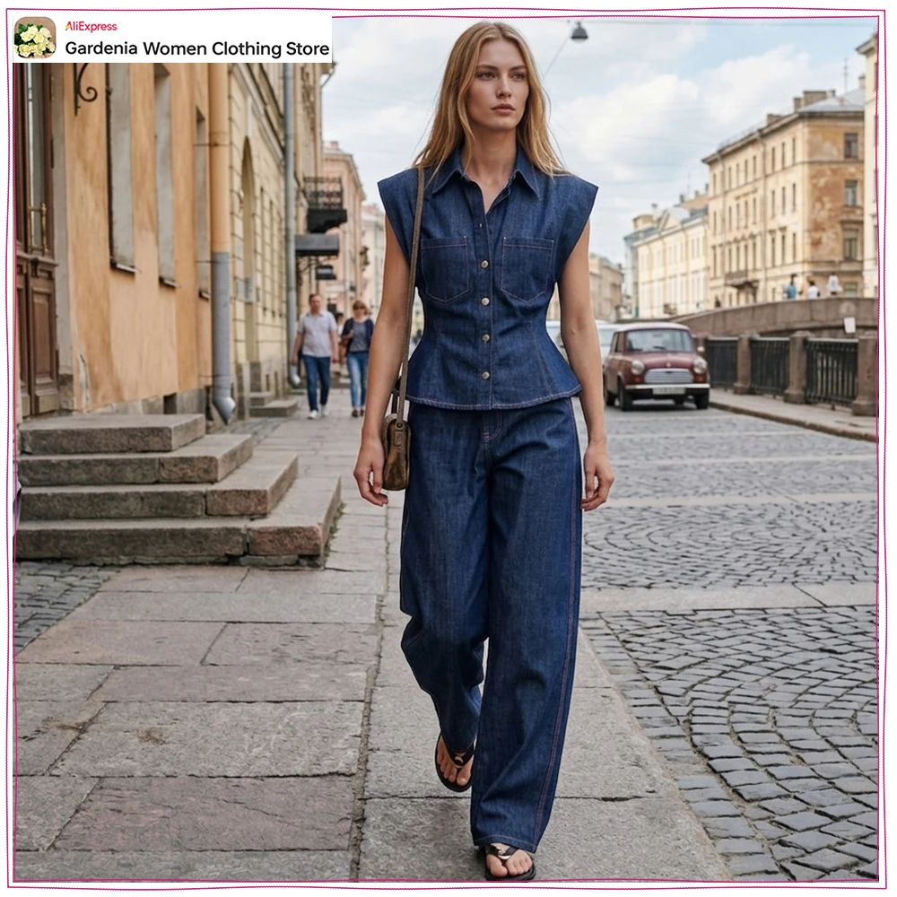 Women's Indigo Two-Piece Pant Set with Pink Seam product image