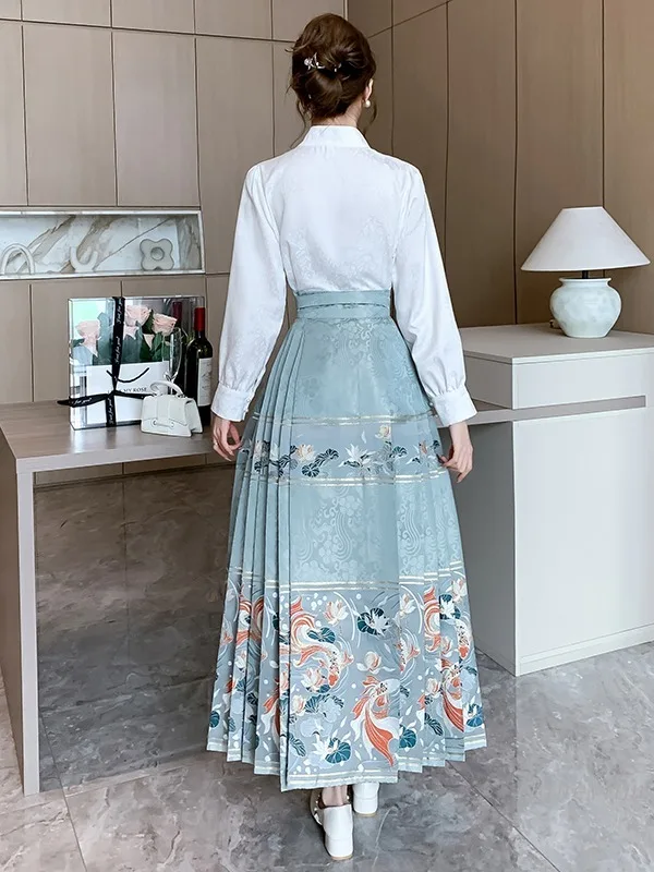 New Chinese Style Horse-Face Skirt Suit Women\'s Spring Clothing 2024 New Daily Improved Hanfu White Blouse Match Long Skirts