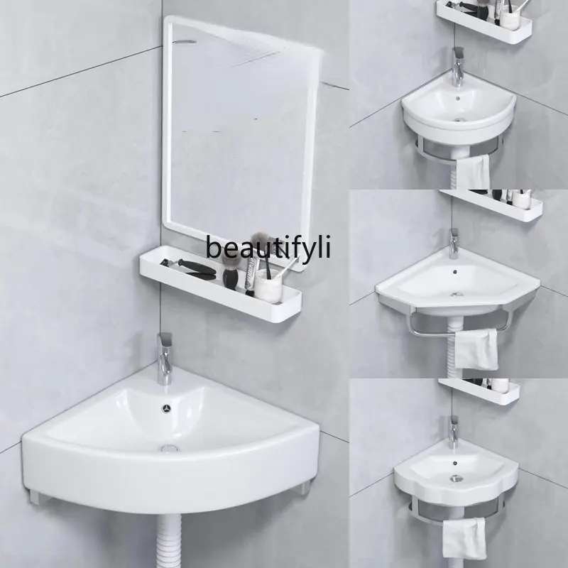 

yj Mini Triangle Wash Basin Toilet Wall Hanging Corner Sink Washbasin Ceramic Simple Basin