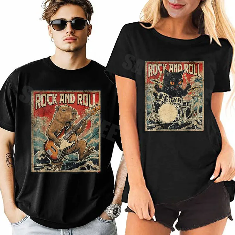 

Футболка с капибарой, играющей на рок-гитаре, в стиле Y2K, с кошкой, играющей на барабанах, в стиле рок-н-ролл, оригинальная футболка