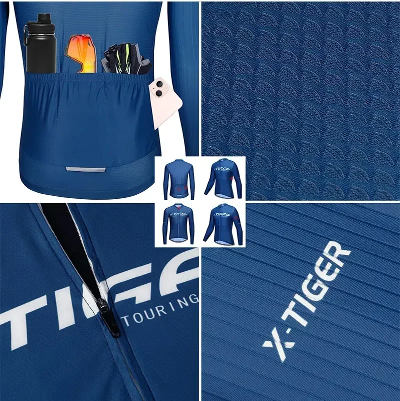 X-TIGER Herren-Radtrikot, langärmelig, durchgehender Reißverschluss, atmungsaktiv, schnelltrocknend, MTB-Rennrad-Oberteil mit Taschen, weich, leicht, elastisch – Detail 9