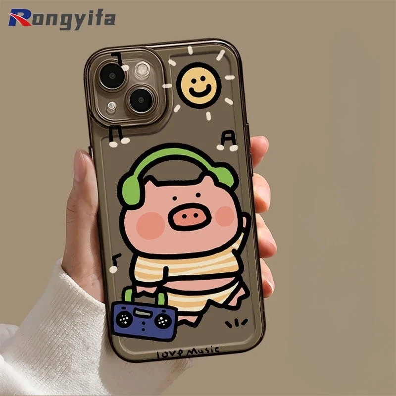 For Redmi Note 13 12 Pro Plus Turbo 12T 11 11T 11E 10 8 7 Pro Note 9s 9 Pro Max Phone Case Wear headphones Pink Pig Clear Cover