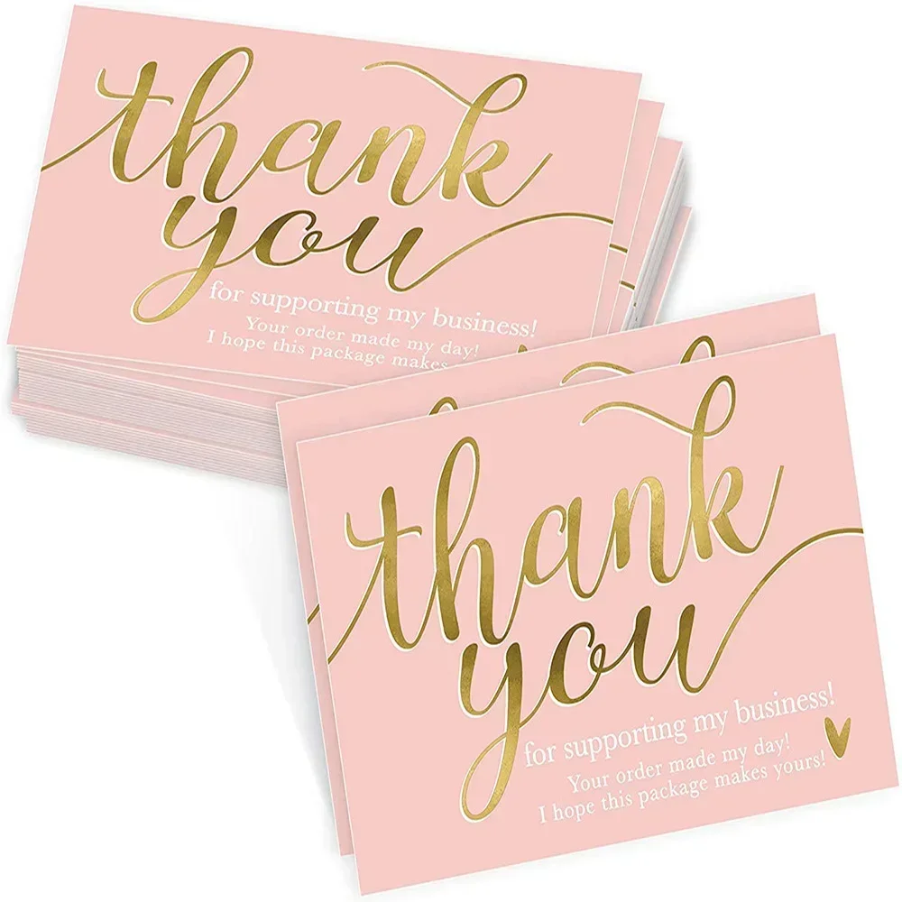 50pcs Pink Thank You for Supporting My Small Business Card Thanks Greeting Card Appreciation Cardstock for Sellers Gift 5*9cm