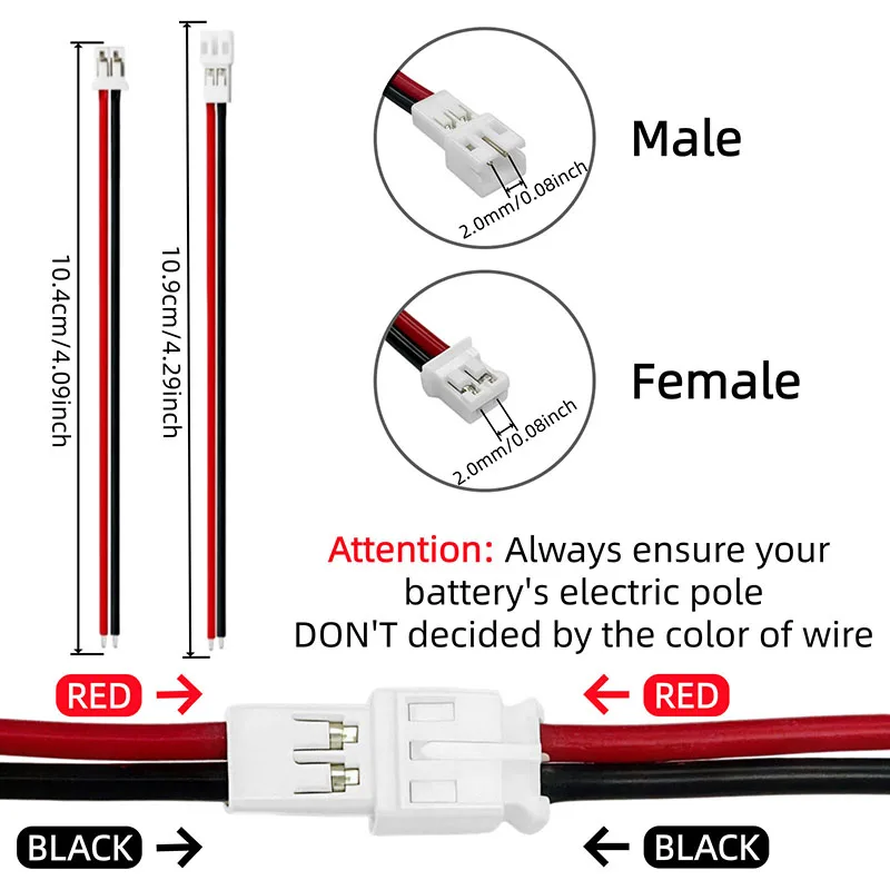 5/10Pairs PH 2.0 2Pin JST Wire Connectors Pitch 2.0mm JST 2P Micro Male Plug Female Jack DIY Electrical Cable Adapter 10CM