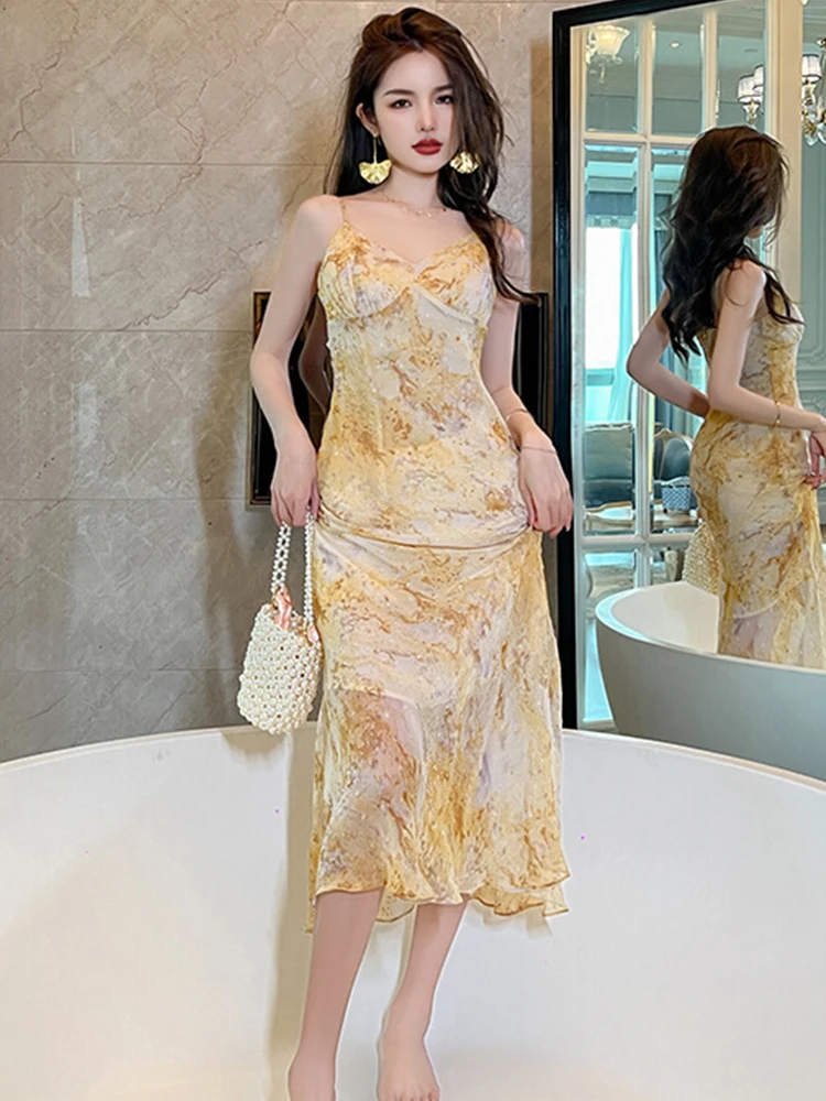 Celebrity Sweet 2-Pice Dress Set Women Yellow Chiffon Ruffles Bandage Jacket Tops Strap Maxi Robe Holiday Vacation Boho Outfits