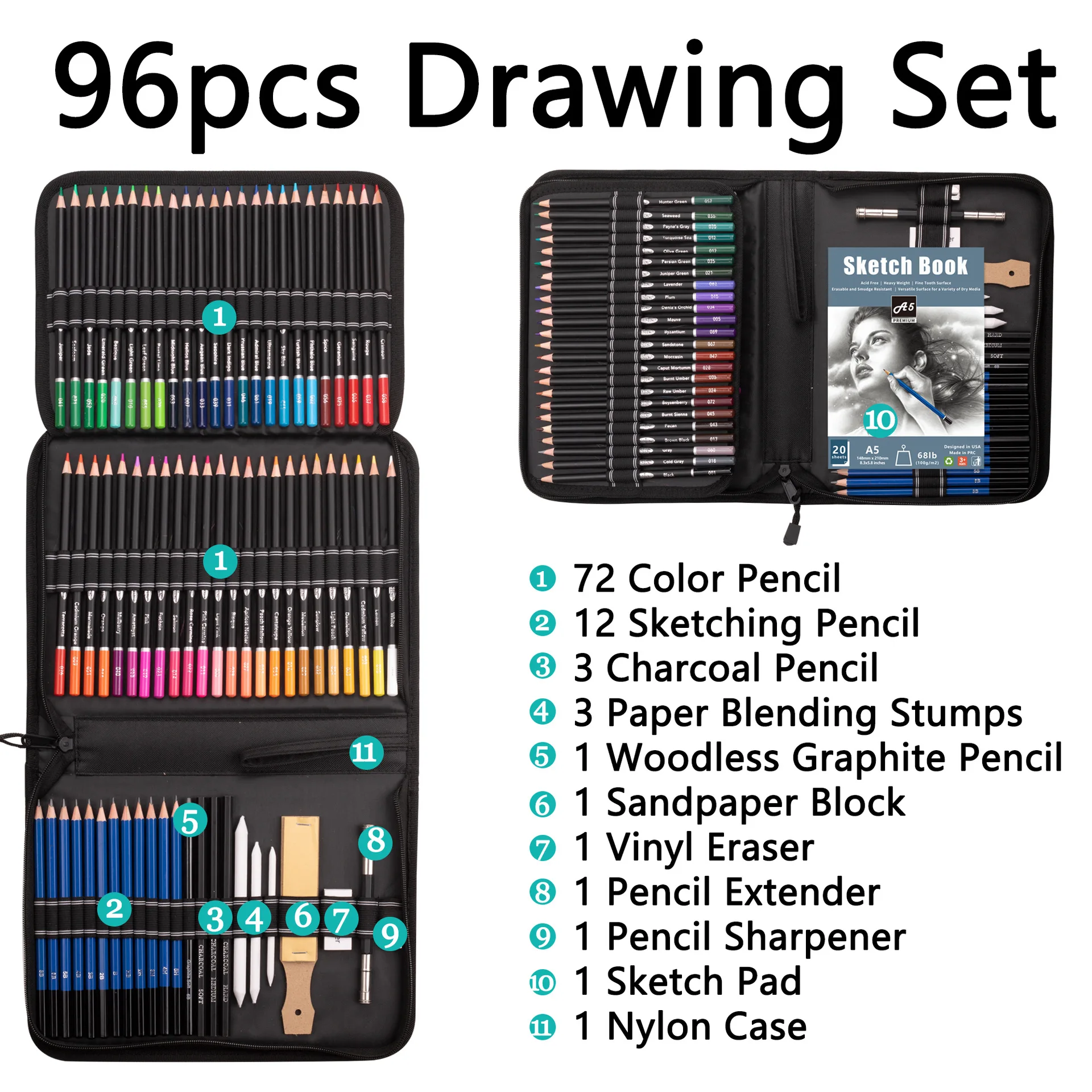 96PCS Premium Drawing Pencil Set ,including 72 Colored Pencils and 24 Sketch Kit,Art Pencil Kit in Zippered Travel Case Gift