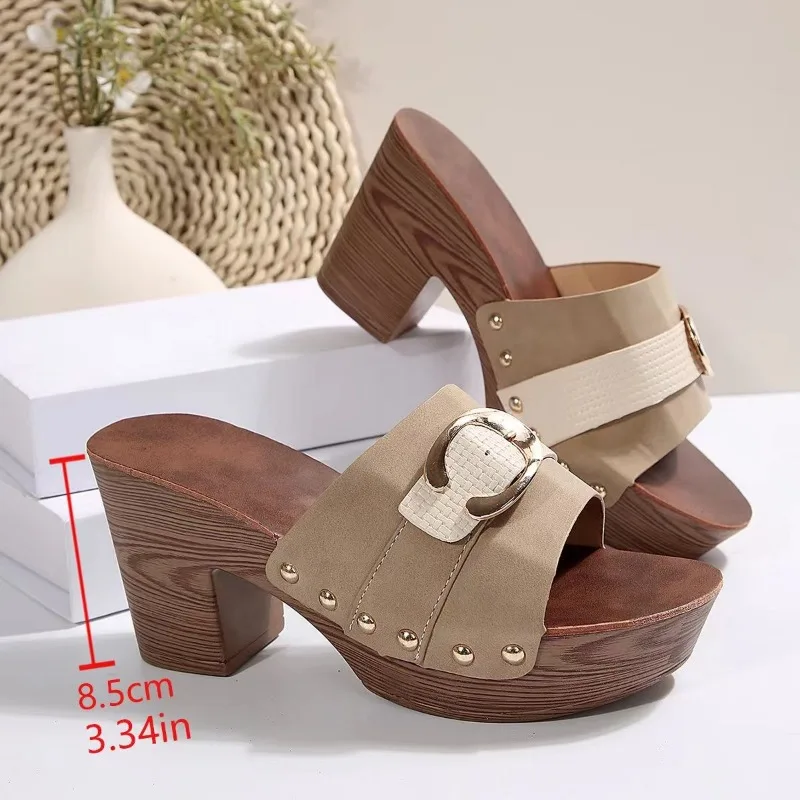 2024 New Women Thick-Soled Slippers Fashion Rivets Luxurious Design Sandals Summer Casual Open-Toe Wood-soled High Heels Zapatos