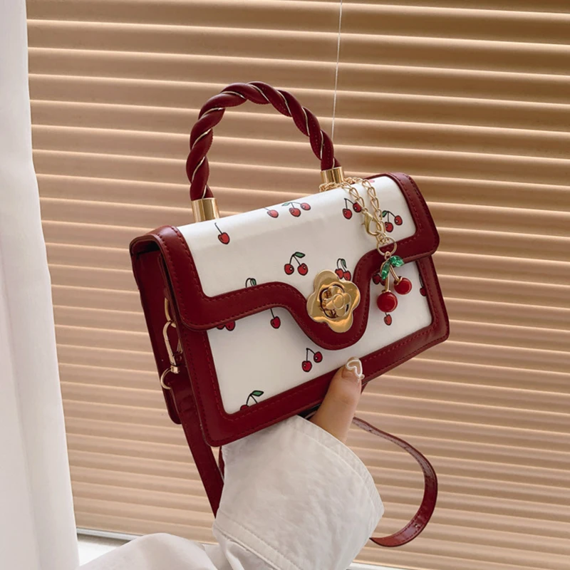 Süße Umhängetasche Mode Kirsche Drucken Top-Griff Damen Luxus Quadratische Schulter Tasche Frauen Hohe Qualität Sling Geldbörse – Detail 14