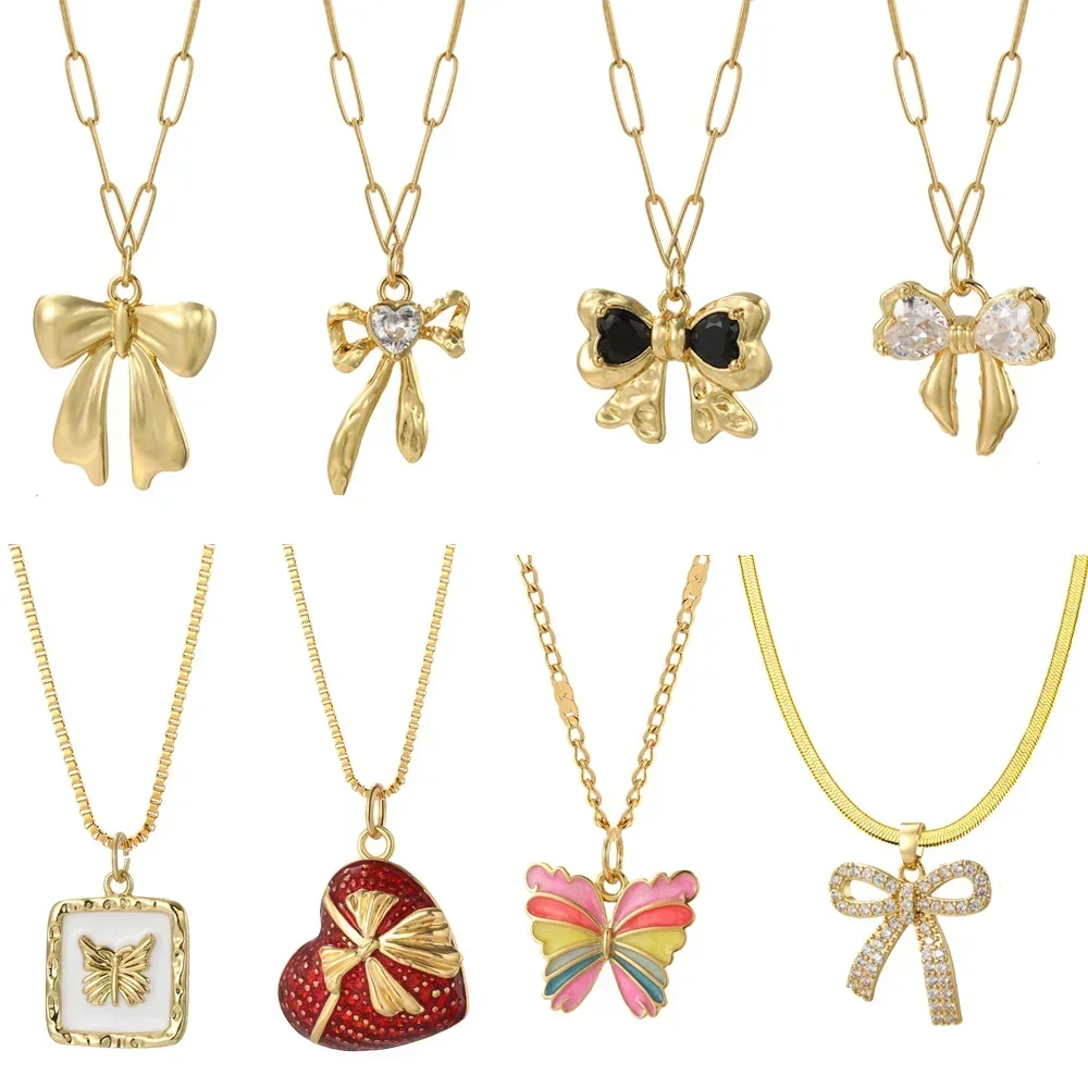 

Cute Heart Bow Star Necklace for Women Cute Gold Color Pendant Woman's Collars Long Stainless Steel Chains Butterfly Necklace