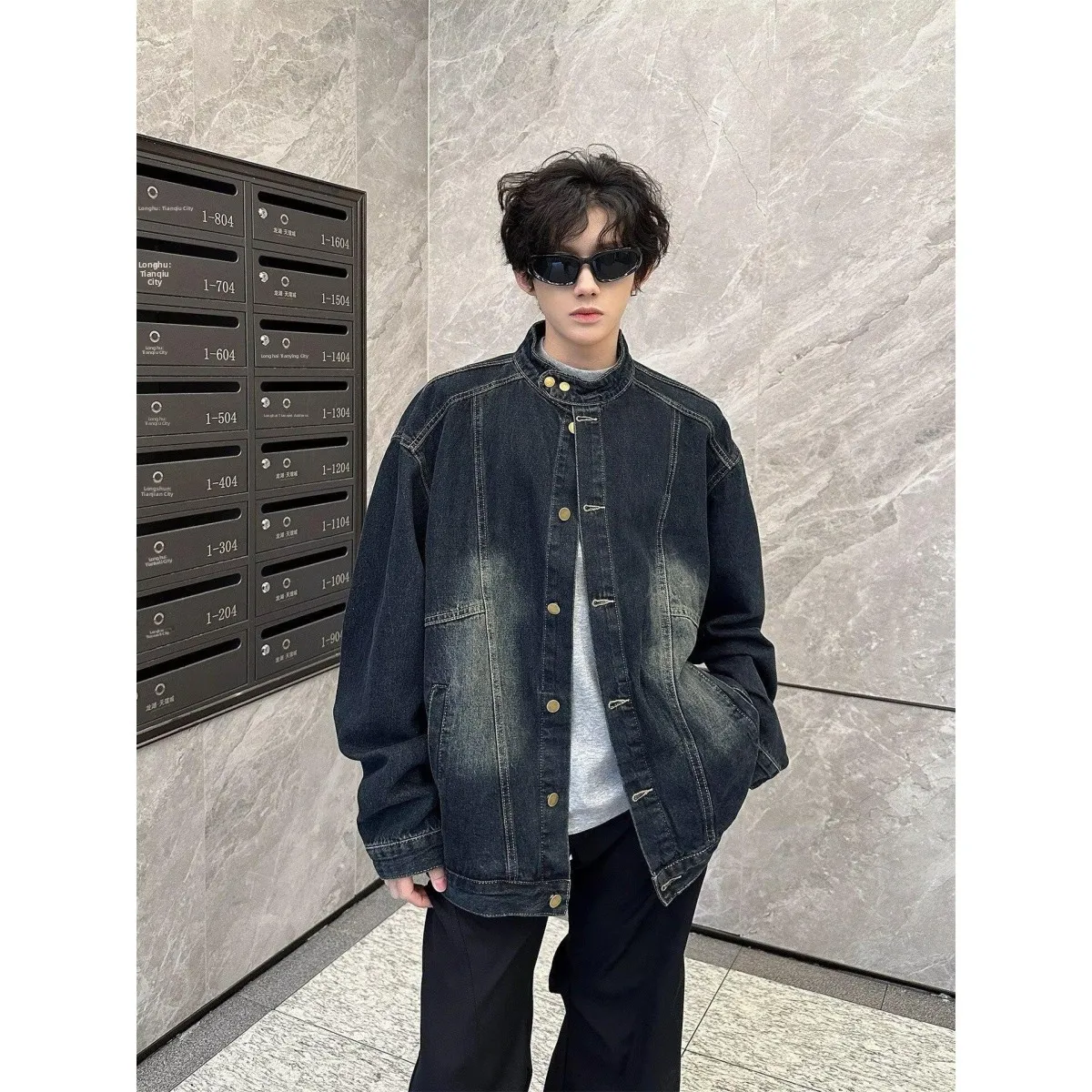 

Retro Waed Denim Jaet Men's Autumn Loose adient Outerwear Stand Fit Regular Sve Long Outerwear for Teens