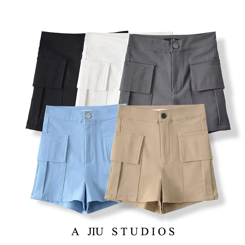 ملابس العمل بتصميم كيت الأمريكي القديم orts عالية الخصر مستقيمة الساق تغطي المؤخرة للتنقل في الصيف المرنة متعددة الاستخدامات