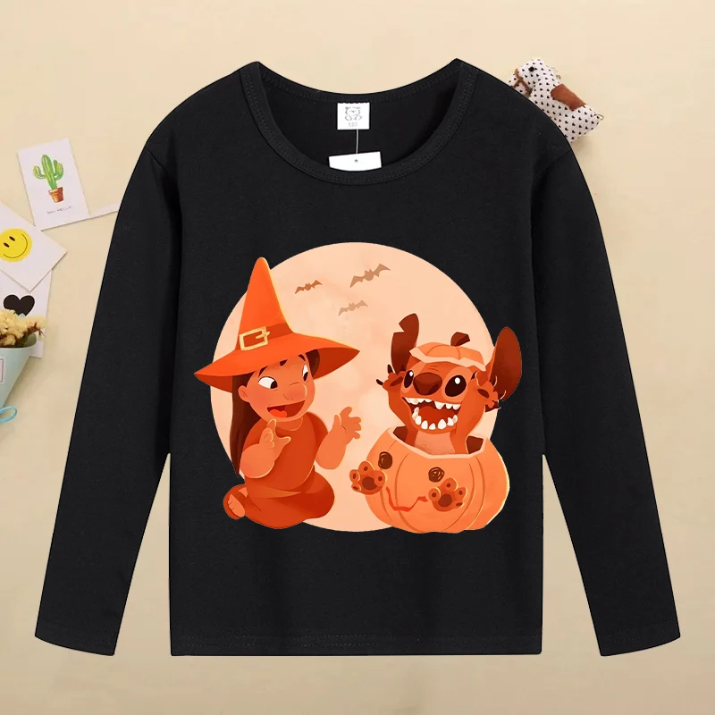 New Stitch Halloween Kids Tops Kawaii Cartoon Graphic T Shirts Boys Girls Casual Sports Long Sleeved T-shirt Children\'s Clothing