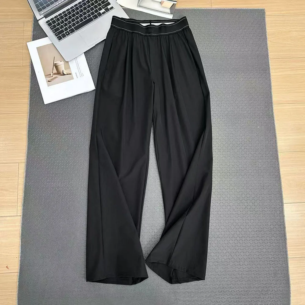 Athleisure-Hose mit weitem Bein für Damen, schwarze elastische Hose mit hoher Taille, leichte Freizeithose mit geradem Bein, bequeme Worko-Hose – Detail 5