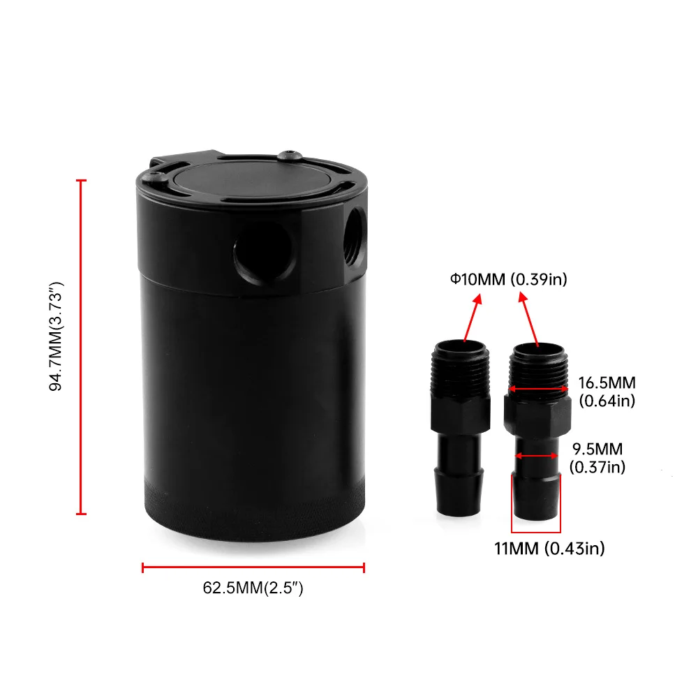 HD 2 Port Oil Catch Can Tank Fuel Tank Racing Baffled With Drain Valve Air Oil Separator Universal Black Anodized