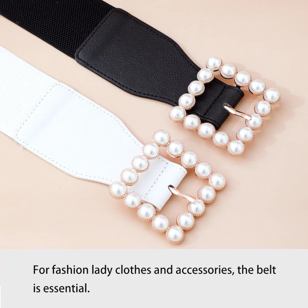 

Ladies Pearl Waist Belt White Square Buckle Elastic Fashion Waistband Skirt Ornament Decorative Corset Belt Ladies Cummerbund